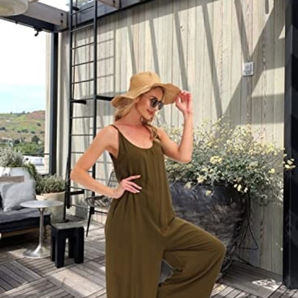 Wexcen -- Solid Color Jumpsuit Casual Rompers with Wide Leg Pants w/Two Pockets - Picture 1 of 5